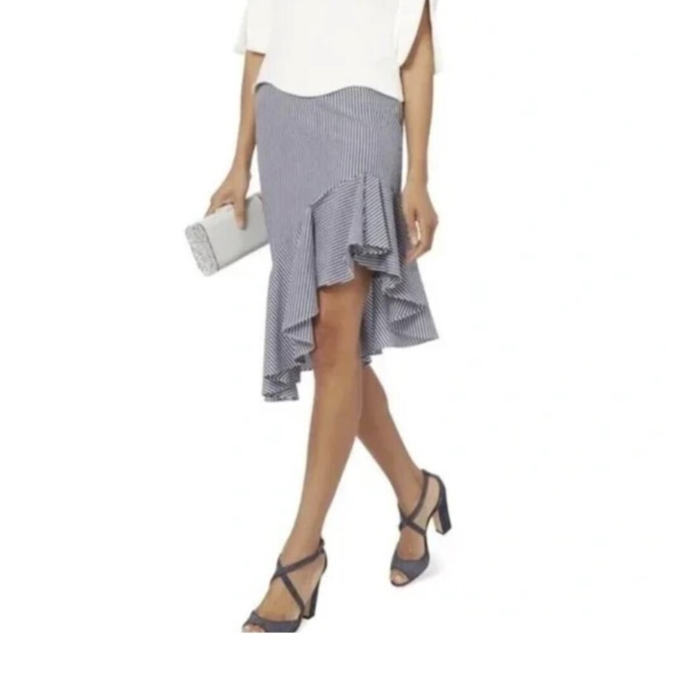 INTERMIX asymmetrical, navy pinstripe Midi Skirt.